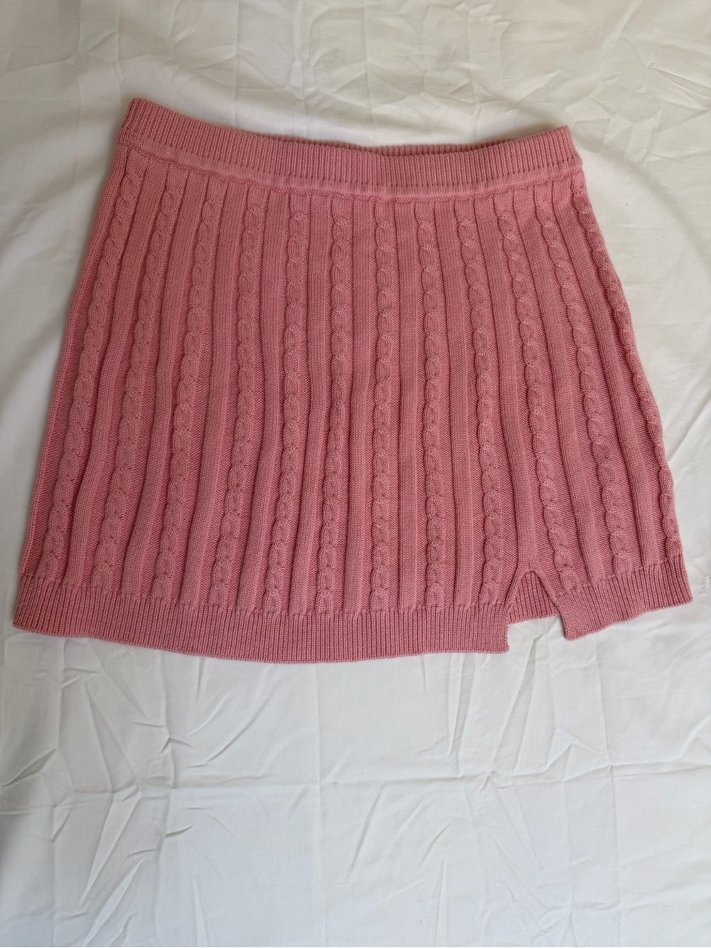Cable Knit Pink Mini Skirt with Front Hem Slit